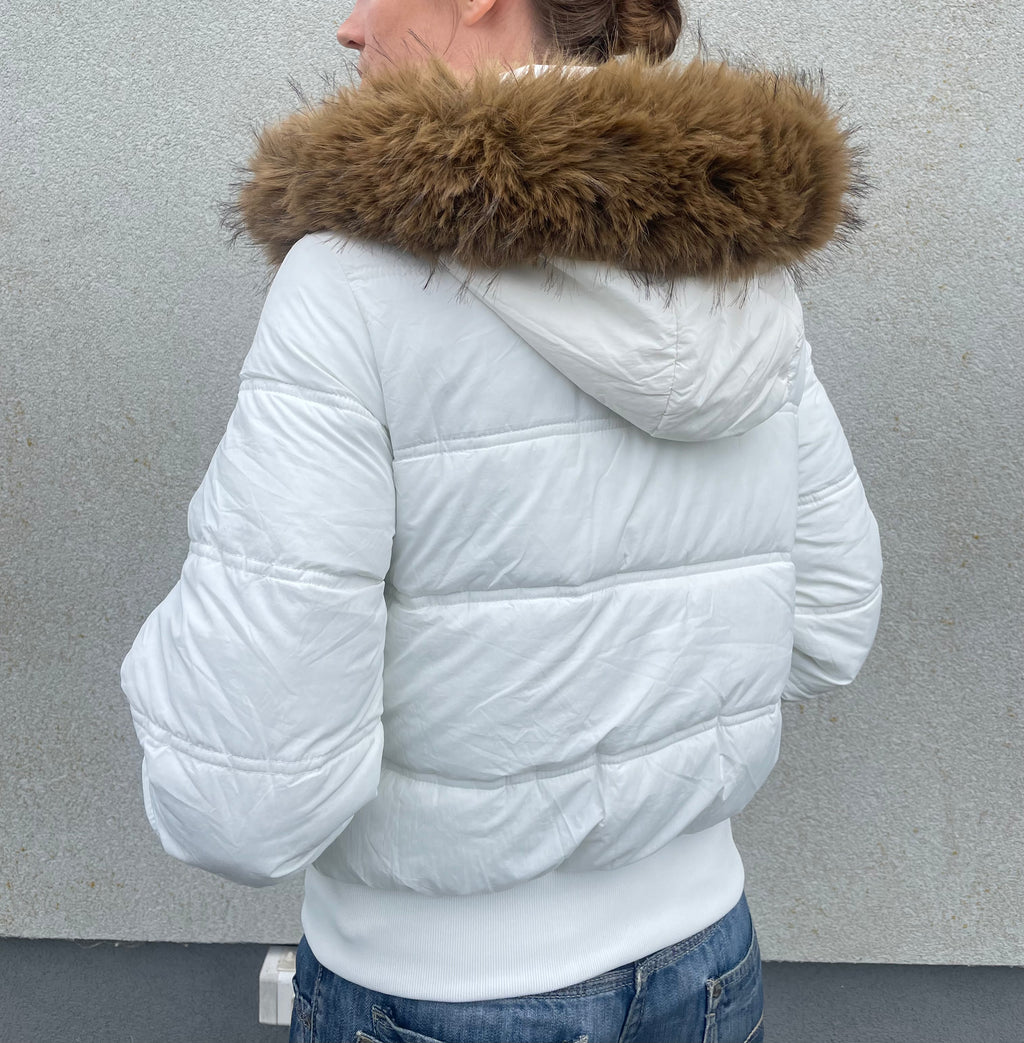 Down winter jacket with a hood trimmed with faux fur